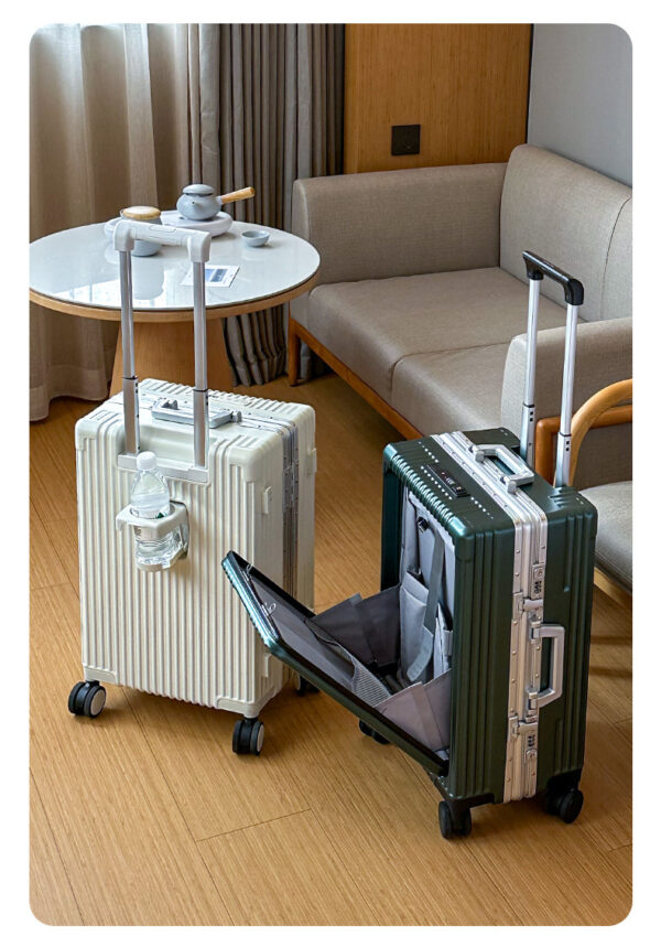 Front Opening Aluminum Frame Type Luggage with Cup Holder USB Port