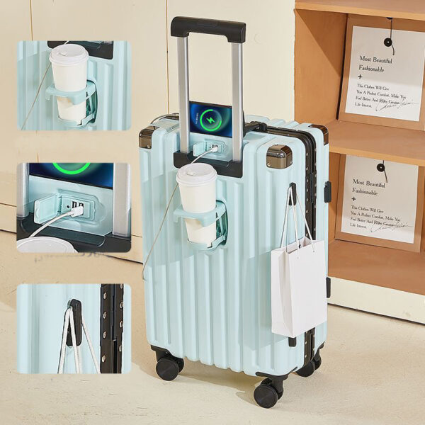 Multifunctional Aluminum Frame Type or Zipper type Suitcase with Cup Holder And USB Port - Image 3