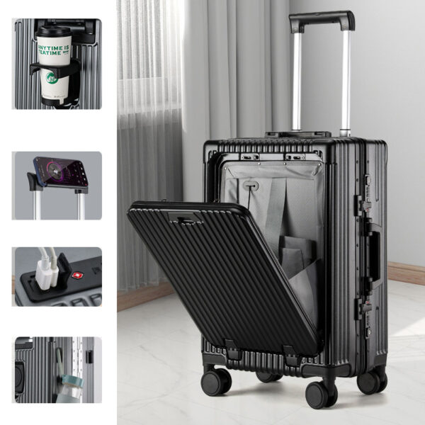 Front Opening Aluminum Frame Type Luggage with Cup Holder USB Port - Image 4