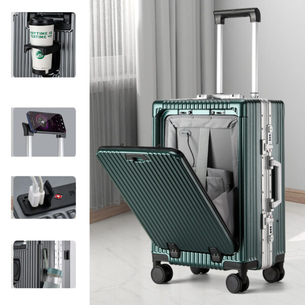 Front Opening Aluminum Frame Type Luggage with Cup Holder USB Port - Image 5