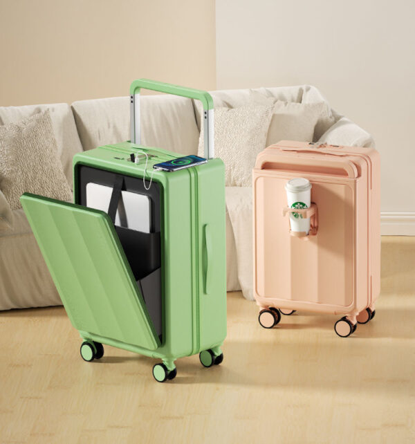 New Fashion Wide Trolley Front Open Luggage with Cup Holder And USB Port
