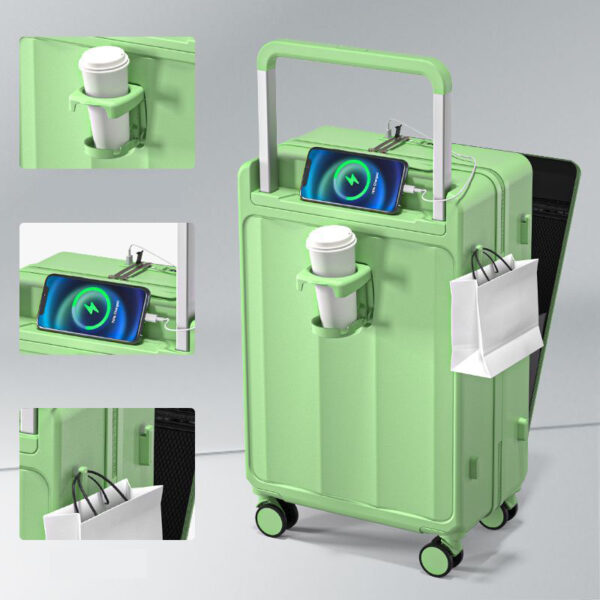 New Fashion Wide Trolley Front Open Luggage with Cup Holder And USB Port - Image 3