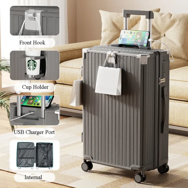 Hot Sale Travel Trolley Luggage Suitcase with Cup Holder Waterproof Hard Shell Travel Suitcase - Image 6